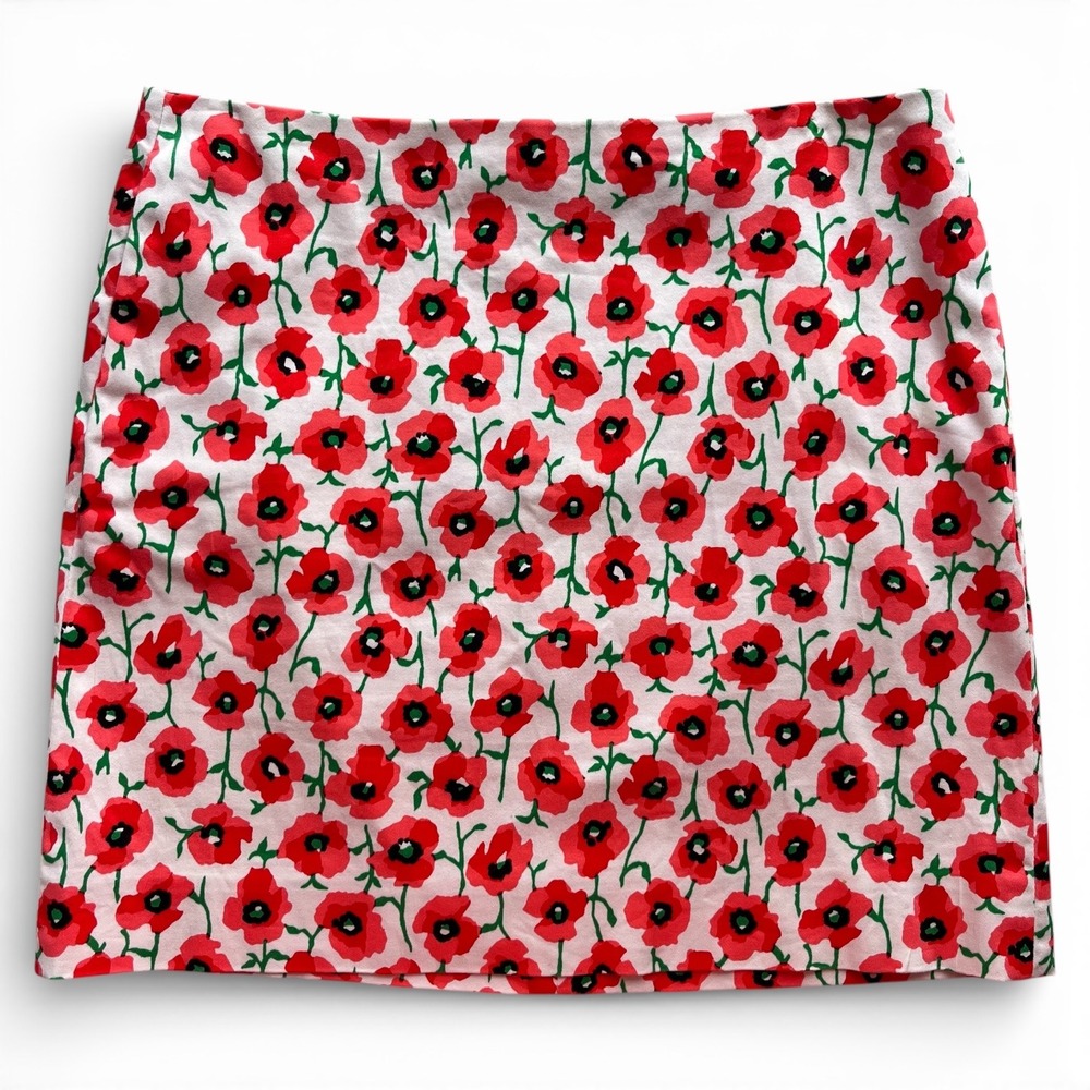J.Crew Women's 0 White Red, Coral Poppy Floral Pockets Stretch Mini Skirt Preppy